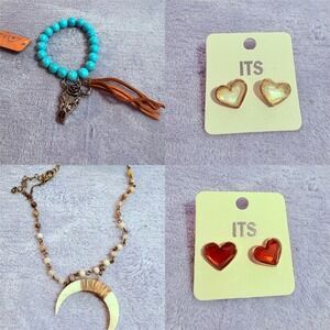 Jewelry set Turquoise western bracelet crescent moon necklace two stud earrings